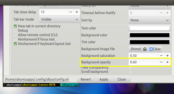 AltYo Ubuntu 端末エミュレーター 設定 背景の透明度